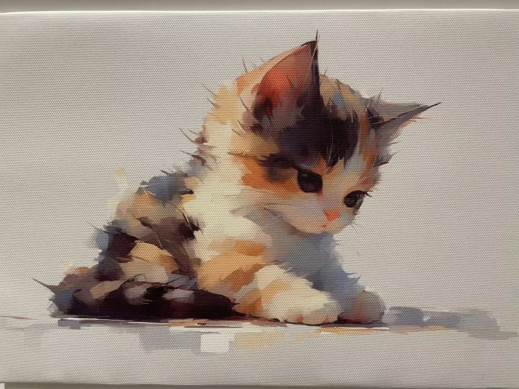 一只安静坐着的三花小猫插画，带有细腻的织物纹理